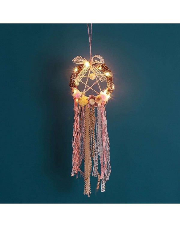 Rattan Lace Ribbon Dream Catcher Romantic Wall Hanging Decor with Light